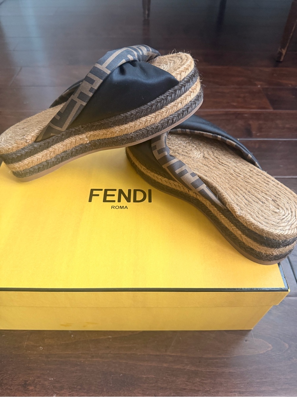 Fendi Black and Brown Logo Espadrille Platform Sandals
